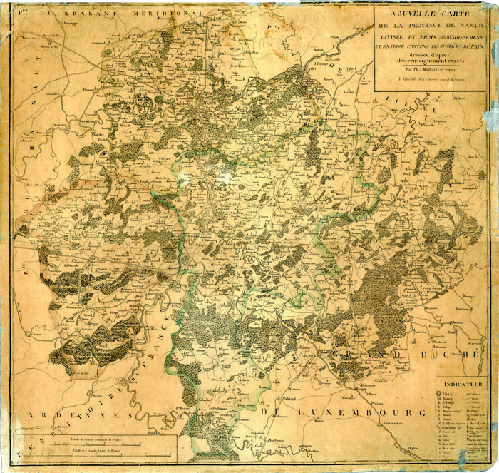 Nouvelle carte de la province de Namur divisée en trois arrondissements et en seize cantons de Justices de Paix dressées d'après des renseignements exacts par Ph.J. Maillart et Sœur