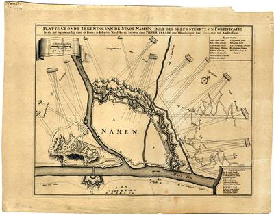 Platte Grondt Tekening van de Stadt Namen met des selfs sterkte en Fortificatie so als het tegenwoordig door de France is Belegert Nieulijks uit gegeven door Pieter Persoij, over't Hamburger Post Comptoir tot Amsterdam