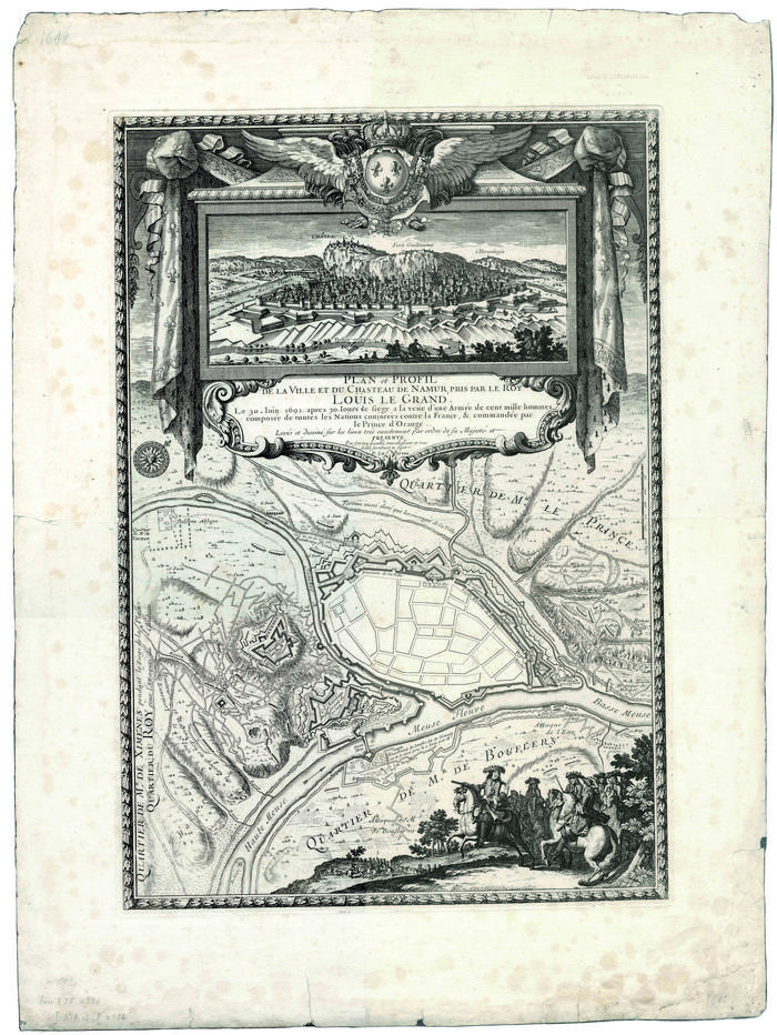 Plan et Profil de la Ville et du Chasteau de Namur, pris par le Roy Louis le Grand, le 30 Juin 1692, après 30 jours de siège à la veüe d'une Armée de cent mille hommes composée de toutes les Nations conjurées contre la France, et commandée par le prince d'Orange. Levé et dessiné sur les lieux très exactement par ordre de sa Majesté et présenté par son très humble, très obéissant et très fidèle serviteur et sujet P. Le Pautre.