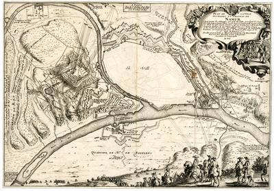 Plan de la Ville, Ouvrages et château de Namur Avec toutes les Attaques qui ont été faites, pendant le siège de cette Importante Place, ou le Roy a commandé en personne, et dont il s'est rendu Maître, apres trente Jours de tranchée ouverte depuis le 29 May, Jusqu'au 30 Iuin 1692: à la Veue de l'Armée, des Alliées, composée de cent mille hommes, et commandéé par le Prince d'Orange, et le: Duc de Baviere. Dedié et presenté à Monseigneur le Dauphin par son tres humble et tres obeissant serviteur et geographe De Fer. A Paris chez le Sr De Fer dans l'Isle du Palais à la Sphere Royale avec privilege du Roy.
