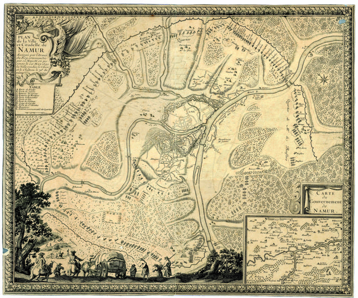Plan de la Ville et Citadelle de Namur Assiégée par l'armée du Roy commandée par sa Majesté en personne le 29 May 1692 la Ville rendüe le 6 Iuin et le château le 30e du même mois et an. Avec carte du Gouvernement de Namur