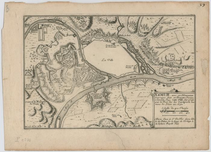Namur, avec ses nouveaux ouvrages, faits et projetés jusqu'à l'année 1693. Cette ville fut prise par le Roy sur les Espagnols au mois de Juin en 1692. H. van Loon fecit. A Paris, chez Sr. De Fer dans l'Isle du Palais sur le Quay de l'Orloge à la sphère royale 1695.