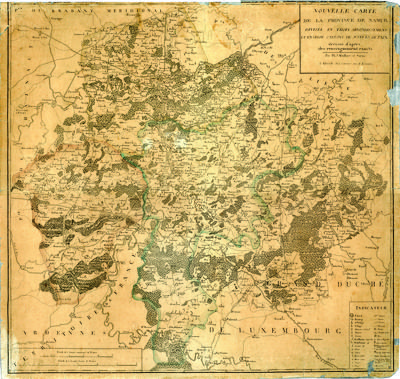 Nouvelle carte de la province de Namur divisée en trois arrondissements et en seize cantons de Justices de Paix dressées d'après des renseignements exacts par Ph.J. Maillart et Sœur