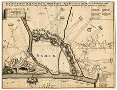 Platte Grondt Tekening van de Stadt Namen met des selfs sterkte en Fortificatie so als het tegenwoordig door de France is Belegert Nieulijks uit gegeven door Pieter Persoij, over't Hamburger Post Comptoir tot Amsterdam