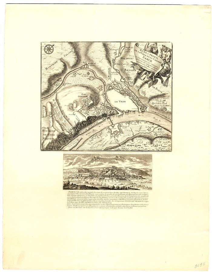 Plan et Profil de la Ville et du Château de Namur où sont marquez les ouvrages qui y ont été ajoutez depuis sa prise par le Roy en 1692 et Profil de la ville de Namur. Chez P. le Pautre Graveur du Roy, place de Vendome