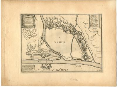 Namur Capitale du Comté de mesme nom aux Espagnols place très forte située à la jonction de la Sambre avec la Meuse avec titre d'Evesché à 12 Lieues et à 8 de Louvain. Pris par le Roy de France le 31 juin 1692. H. van Loon sculp. De Fer. A Paris, chez l'Autheur dans l'Isle du Palais sur le quay de l'Orloge à la sphère royalle. Avec Privil. du Roy. 1693