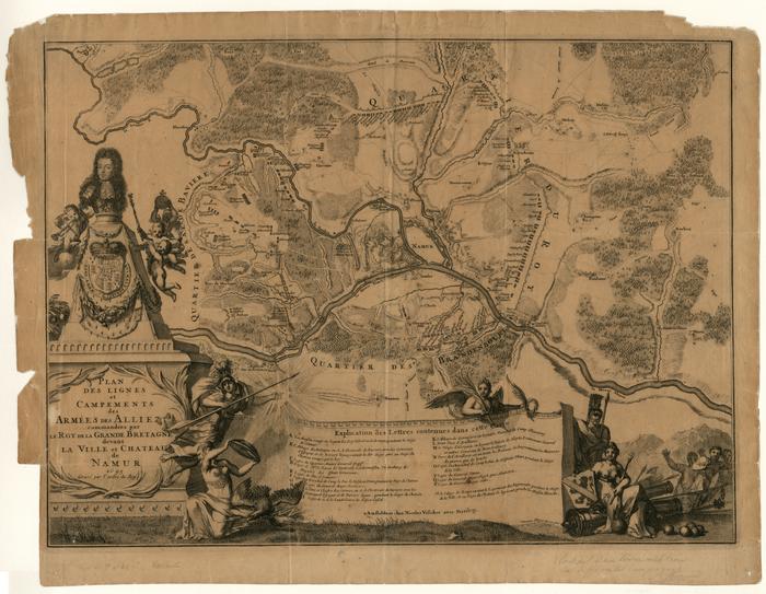 Plan des lignes et campements des Armées des Alliez commendées par le Roy de la Grande Bretagne devant la Ville et Château de Namur.1695. Gravé par l'ordre du Roy. A Amsterdam chez Nicolas Visscher avec privilège. Ottomar Elliger inv. et pin.