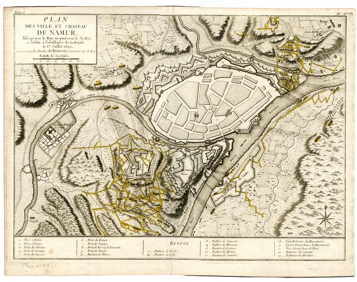 Plan des ville et château de Namur, Assiégé par le Roy en personne le 30 May et rendu à l'obéissance de sa Majesté le 1er Juillet 1692. Augmenté par le chevalier de Beaurain, Géographe du Roy. Tome 3, Pl. 6