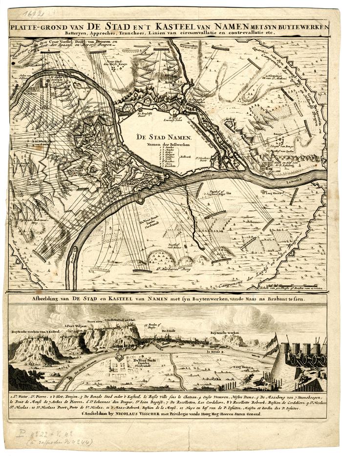 Platte-Grond van de Stad en't Kasteel van Namen met syn buytewerken, Batterijen,  Approches, Tranchees, Linien van circumvallatie en contrevallatie etc. et Afbeelding van de stad en Kasteel van Namen