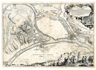 Plan de la Ville, Ouvrages et château de Namur Avec toutes les Attaques qui ont été faites, pendant le siège de cette Importante Place, ou le Roy à commandé en personne, et dont il s'est rendu Maître, apres trente Jours de tranchée ouverte depuis le 29 May, Jusqu'au 30 Iuin 1692: à la Veue de l'Armée, des Alliées, composée de cent mille hommes, et commandéé par le Prince d'Orange, et le: Duc de Baviere. Dedié et presenté à Monseigneur le Dauphin par son tres humble et tres obeissant serviteur et geographe De Fer. A Paris chez le Sr De Fer dans l'Isle du Palais à la Sphere Royale avec privilege du Roy.