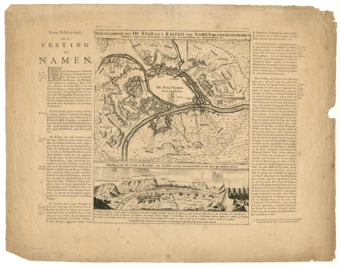 Platte-Grond van de Stad en't Kasteel van Namen, met zyn buytewerken, Batterijen, Approches, Liniën van circumvallatie en controvalelatie etc. et Afbeelding van de stad en Kasteel van Namen etc. t' Amsterdam by Nicolaus Visscher (copie de 1692) avec Korte Befchryvinge van de vesting van Namen.