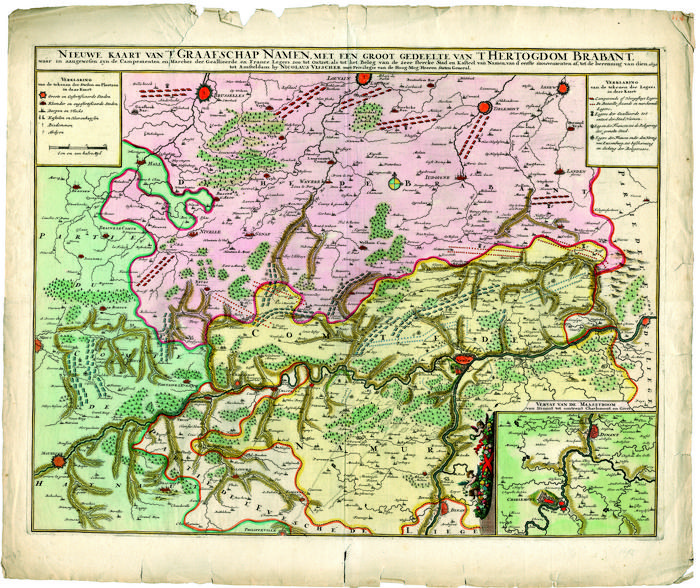 Nieuwe Kaart van'T Graafschap Namen, met een Groot gedeelte van't Hertogdom Brabant, waarin aangewesen zyn de Campementen en Marches der Geallieerde en France Legers zoo tot Ontzet, als tot het Beleg van de zeer stercke Stad en kasteel van Namen, van d'eerste mouvementen af, tot de berenning van dien. 1692. Tot Amsteldam by Nicolaus Visscher met Privilegie van de Hoog. Mog. Heeren Staten General. (Nunc apud Petrum Schenk Junior).