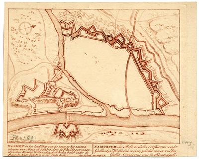 Naamen in het landschap van die naam op het zaamen vloeyen van Maas en Sambre, door de Fransche gewonnen 1692, Koning Willem 1693 etc. Namurcum ad Mosae ac Sabis confluentes: cessit Gallis, 1692; Wilhelmo regi, 1693, hodie tamen rursus Gallis. Conspectus ejus in Hecatompoli. Pet. Schenk exc. Amst. C. P.