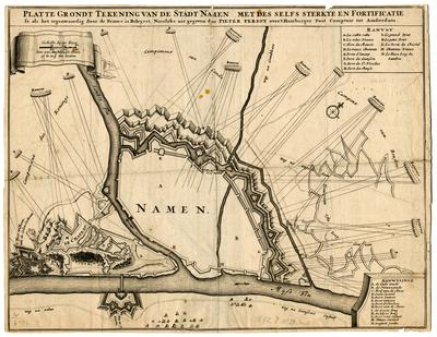 Platte Grondt Tekening van de Stadt Namen met des selfs sterkte en Fortificatie so als het tegenwoordig door de France is Belegert Nieulijks uit gegeven door Pieter Persoij, over't Hamburger Post Comptoir tot Amsterdam