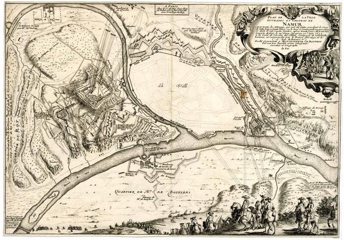 Plan de la Ville, Ouvrages et château de Namur Avec toutes les Attaques qui ont été faites, pendant le siège de cette Importante Place, ou le Roy a commandé en personne, et dont il s'est rendu Maître, apres trente Jours de tranchée ouverte depuis le 29 May, Jusqu'au 30 Iuin 1692: à la Veue de l'Armée, des Alliées, composée de cent mille hommes, et commandéé par le Prince d'Orange, et le: Duc de Baviere. Dedié et presenté à Monseigneur le Dauphin par son tres humble et tres obeissant serviteur et geographe De Fer. A Paris chez le Sr De Fer dans l'Isle du Palais à la Sphere Royale avec privilege du Roy.