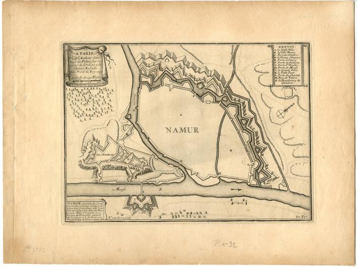 Namur Capitale du Comté de mesme nom aux Espagnols place très forte située à la jonction de la Sambre avec la Meuse avec titre d'Evesché à 12 Lieues et à 8 de Louvain. Pris par le Roy de France le 31 juin 1692. H. van Loon sculp. De Fer. A Paris, chez l'Autheur dans l'Isle du Palais sur le quay de l'Orloge à la sphère royalle. Avec Privil. du Roy. 1693