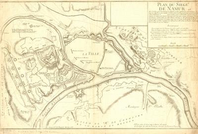 Plan du siège de Namur avec les nouveaux travaux que sa majesté a fait ajouter qui sont marquées à la lettre A; A Paris chez C. Gournay à l'entrée du Quay de l'orloge du coté du Pont au change au Neptune François. Avec le privilège du Roy pour dix ans 1708.