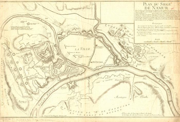 Plan du siège de Namur avec les nouveaux travaux que sa majesté a fait ajouter qui sont marquées à la lettre A; A Paris chez C. Gournay à l'entrée du Quay de l'orloge du coté du Pont au change au Neptune François. Avec le privilège du Roy pour dix ans 1708.