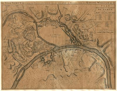 De Stad Namen met alle de Nieuwe Sterktens soo als het heede is belegert door den Koning Willjam de III. Plan de la ville et chasteau de Namur Assiégée par le Roy Guiljaume. A Amsterdam chez Pierre Mortier