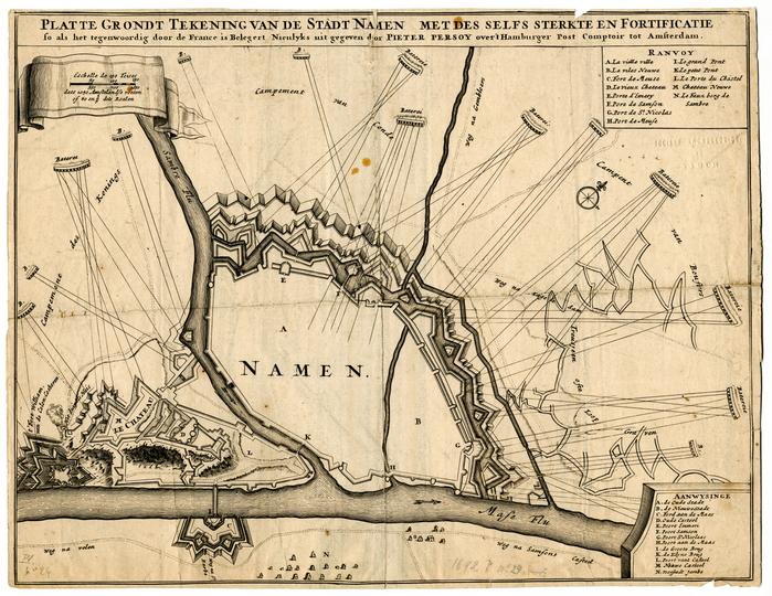 Platte Grondt Tekening van de Stadt Namen met des selfs sterkte en Fortificatie so als het tegenwoordig door de France is Belegert Nieulijks uit gegeven door Pieter Persoij, over't Hamburger Post Comptoir tot Amsterdam