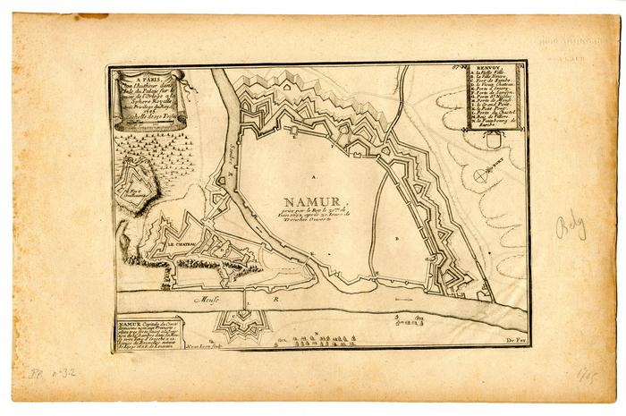 Namur Capitale du Comté de mesme nom aux Francois. s place très forte située à la jonction de la Sambre dans la Meuse avec titre d'Evesché a 12 Lieües de Bruxelles, autant de Lijège et a 8 de Louvain. H. van Loon sculp. De Fer. A Paris, chez l'Autheur dans l'Isle du Palais sur le quay de l'Orloge a la Sphère Royalle avec privilege du Roy. 1705