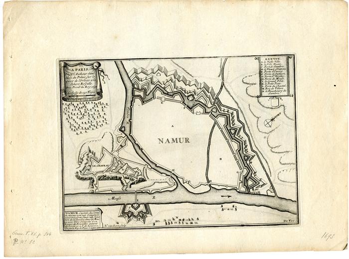 Namur Capitale du Comté de mesme nom aux Espagnols place très forte située à la jonction de la Sambre avec la Meuse avec titre d'Evesché à 12 Lieues et à 8 de Louvain. Pris par le Roy de France le 31 juin 1692. H. van Loon sculp. De Fer. A Paris, chez l'Autheur dans l'Isle du Palais sur le quay de l'Orloge à la sphère royalle. Avec Privil. du Roy. 1693