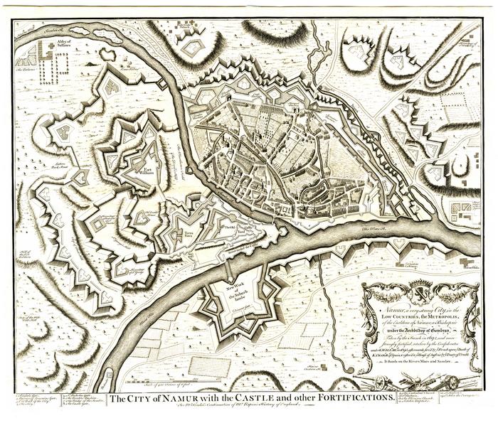 The city of Namur with the castle and other fortifications for Mr Tindal's continuation of Mr Rapin's History of England. I. Bafire Sculp.