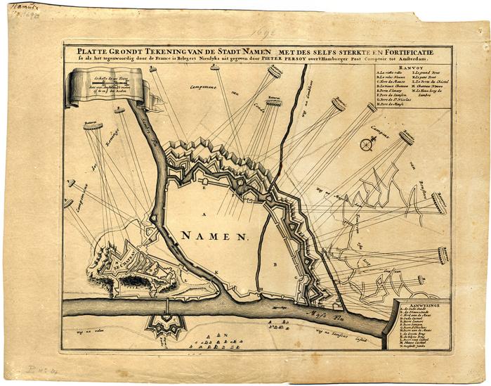 Platte Grondt Tekening van de Stadt Namen met des selfs sterkte en Fortificatie so als het tegenwoordig door de France is Belegert Nieulijks uit gegeven door Pieter Persoij, over't Hamburger Post Comptoir tot Amsterdam