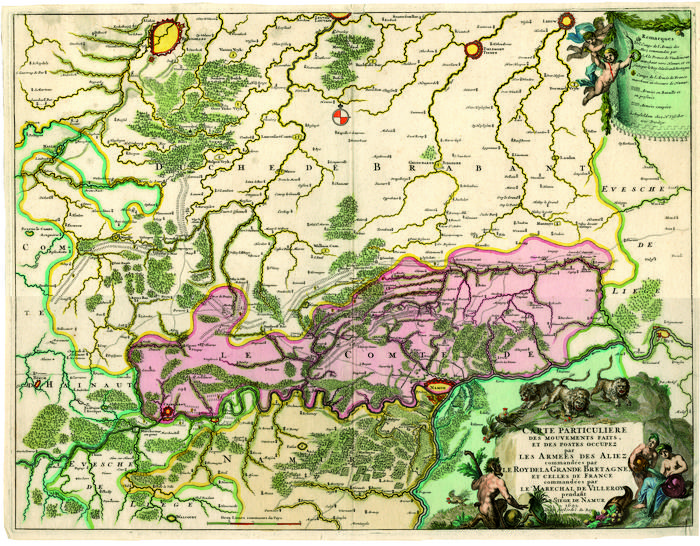 Carte particulière des Mouvements faits et des postes occupez par les Armées des Aliez commandées par le Roy de la Grande Bretagne et celles de France commandées par le maréchal de Villeroy pendant le siège de Namur. 1695. Gravé par l'ordre du Roy a Amsteldam chez N. Visscher