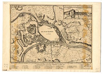 Plan de la Ville et Château de Namur avec cest Fortification et nouveaux ouvrage faits depuis la prise de cette place par le Roy de France sur les Espagnols le 30 Juin 1692 et presentement asiégé par le Roy d'Angleterre en juillet 1695. A Paris chez le Sr de Fer (Vue de Namur avec son chateau dans le coin supérieur droit)