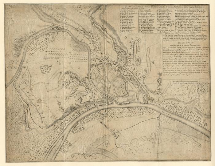 Plan de la Ville et Château de Namur avec les dernières Fortifications faites jusqu'à l'an 1709. Harrewyn feci