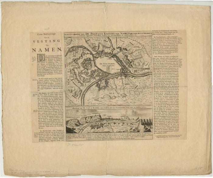 Platte-Grond van de Stad en't Kasteel van Namen, met zyn buytewerken, Batterijen, Approches, Liniën van circumvallatie en controvallatie etc. et Afbeelding van de stad en Kasteel van Namen etc. t' Amsterdam by Nicolaus Visscher (copie de 1692) avec Korte Befchryvinge van de vesting van Namen.