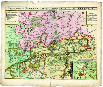 Nieuwe Kaart van'T Graafschap Namen, met een Groot gedeelte van't Hertogdom Brabant, waarin aangewesen zyn de Campementen en Marches der Geallieerde en France Legers zoo tot Ontzet, als tot het Beleg van de zeer stercke Stad en kasteel van Namen, van d'eerste mouvementen af, tot de berenning van dien. 1692. Tot Amsteldam by Nicolaus Visscher met Privilegie van de Hoog. Mog. Heeren Staten General. (Nunc apud Petrum Schenk Junior).