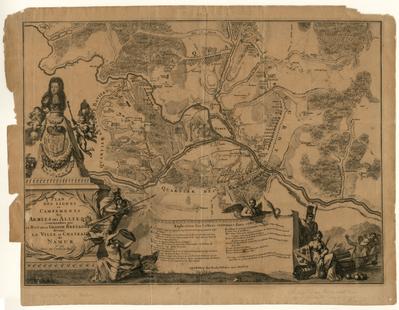 Plan des lignes et campements des Armées des Alliez commendées par le Roy de la Grande Bretagne devant la Ville et Château de Namur.1695. Gravé par l'ordre du Roy. A Amsterdam chez Nicolas Visscher avec privilège. Ottomar Elliger inv. et pin.