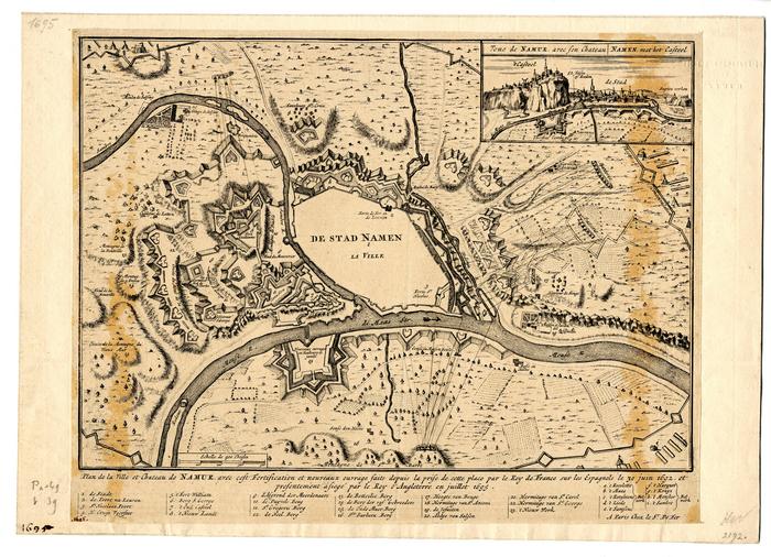 Plan de la Ville et Château de Namur avec cest Fortification et nouveaux ouvrage faits depuis la prise de cette place par le Roy de France sur les Espagnols le 30 Juin 1692 et presentement asiégé par le Roy d'Angleterre en juillet 1695. A Paris chez le Sr de Fer (Vue de Namur avec son chateau dans le coin supérieur droit)