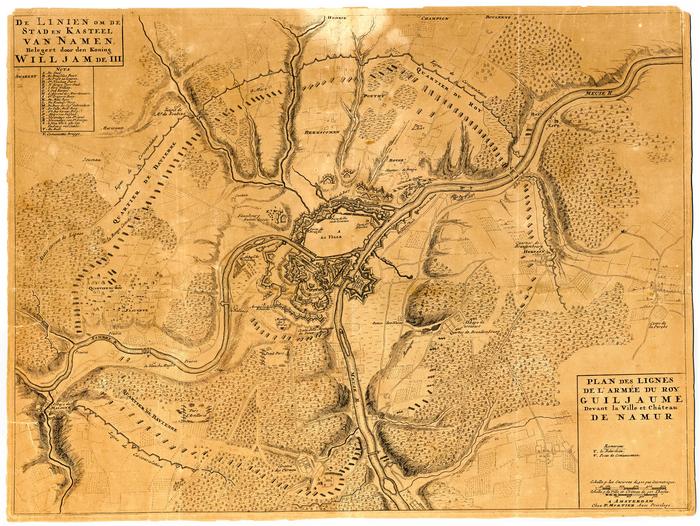 Plan des lignes de l'Armée du Roy Guijlaume devant la ville et Château de Namur. De Linien om de Stad en Kasteel van Namen, Belegert door den Koning Willjam de III. A Amsterdam Chez P. Mortier Avec Privilège