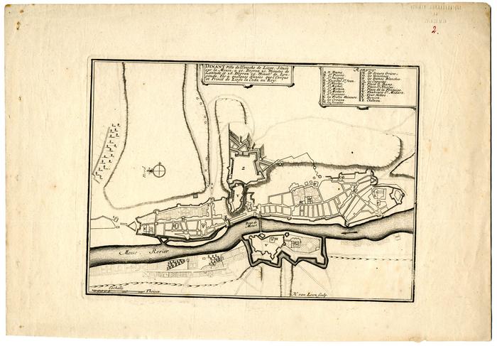 Dinant Ville de l'Evesche de Liege. Située sur la Meuse a 50 Degrez 20 Minutes de Latitude et 26 Degrez 15 Minutes de Longitude. Il y a quelques années que l'Eveque et Prince de Liege la Ceda au Roy - H. van Loon sculp.