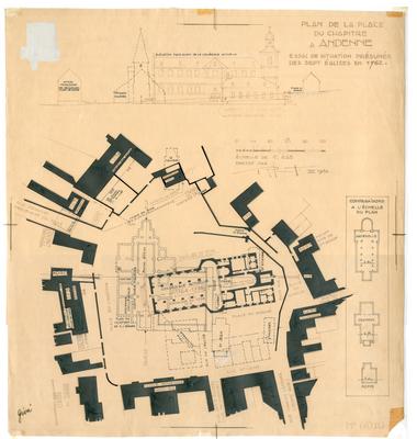 Plan de la place du Chapitre à Andenne. Essai de situation présumée des sept églises en 1762 et Elévation face ouest de la collégiale actuelle.