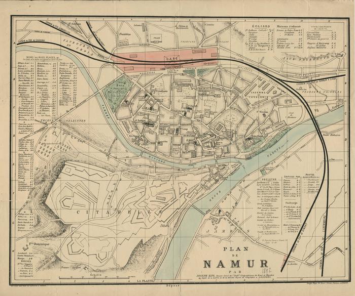 Plan de Namur par Joseph Kips, ancien Elève de l'Etabl.t Géographique de Brux.s et Membre du Dépôt de la Guerre et de la Société Royale de Géographie à Londres. En vente chez tous les libraires à Namur. Joseph Kips, 14 Moore Street Chelsea London.