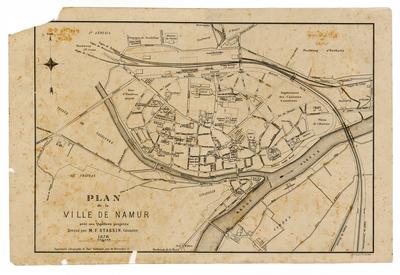 Plan de la ville de Namur avec ses quartiers projetés. Dressé par M.F. Stassin, Géomètre, 1878. Déposé, gravé par Fr. Becker. Imprimerie Lithographie de Paul Godenne, rue de Bruxelles, 13.