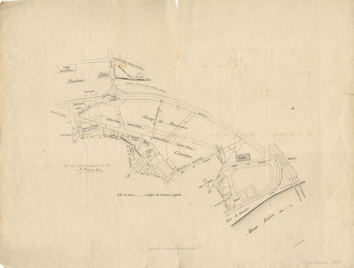 Plan sans titre. Plan joint à ma proposition du 3 juin 1868. (Signé) E. de Cuvelier. Imp. Godenne, Namur.
