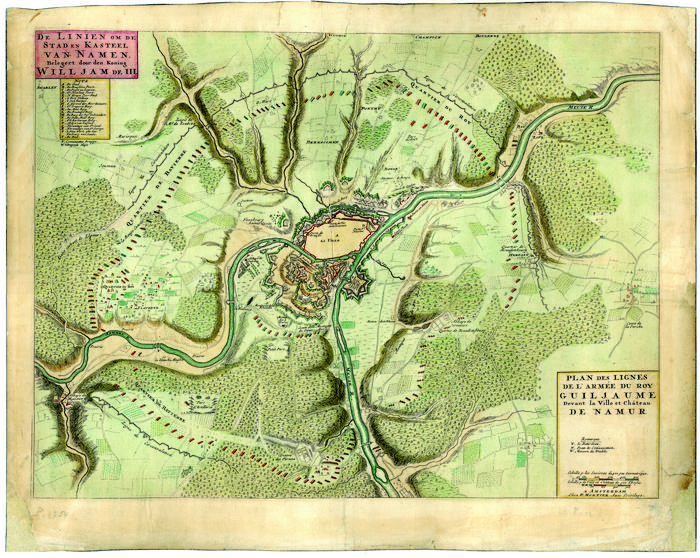 Plan des lignes de l'armée du Roy Guiljaume devant la ville et château de Namur. De linien om de stad en kasteel van Namen, belegert door den Koning Willjam de III. A Amsterdam chez P. Mortier Avec privilège