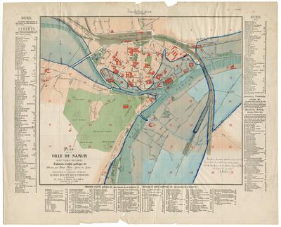 Plan de la ville de Namur avec table des rues, Batiments d'utilité publique, etc Dressé par Henri Piron avec Inondations de 1880 par A. Mahieu