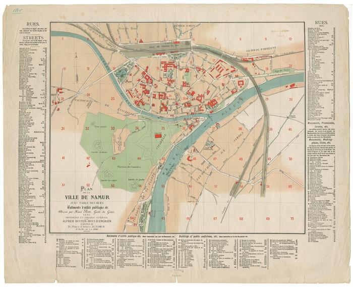 Plan de la ville de Namur avec table des rues, Batiments d'utilité publique, etc Dressé par Henri Piron