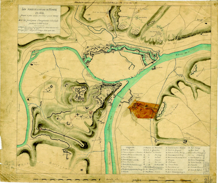 Les fortifications de Namur en 1704 (D'après le plan publié par le lieutt général Pelet.) avec les principaux changements introduits pendant le XVIIIe siècle