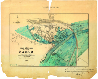 Plan général de la ville de Namur dressé  à l'échelle de 1 à 5000, d'après les Documents officiels les plus récents, par H.Jh. Rolen, Commis de 1re classe des Ponts et des Chaussées, 1863, Etablissement géographique de Bruxelles fondé par Ph. Vander Maelen, 555; avec Inondations de 1880 par A.Mahieu