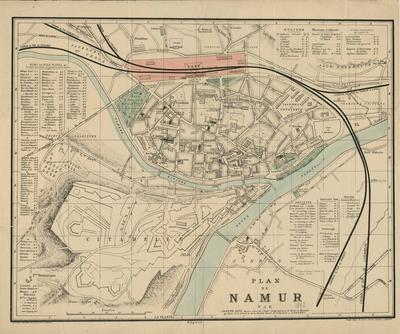 Plan de Namur par Joseph Kips, ancien Elève de l'Etabl.t Géographique de Brux.s et Membre du Dépôt de la Guerre et de la Société Royale de Géographie à Londres. En vente chez tous les libraires à Namur. Joseph Kips, 14 Moore Street Chelsea London.
