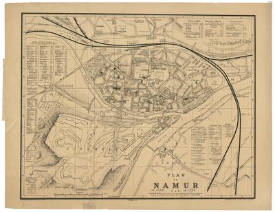 Plan de Namur par Joseph Kips, ancien Elève de l'Etabl.t Géographique de Brux.s et Membre du Dépôt de la Guerre et de la Société Royale de Géographie à Londres. En vente chez tous les libraires à Namur. Joseph Kips, 14 Moore Street Chelsea London.