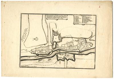 Dinant Ville de l'Evesche de Liege. Située sur la Meuse a 50 Degrez 20 Minutes de Latitude et 26 Degrez 15 Minutes de Longitude. Il y a quelques années que l'Eveque et Prince de Liege la Ceda au Roy - H. van Loon sculp.