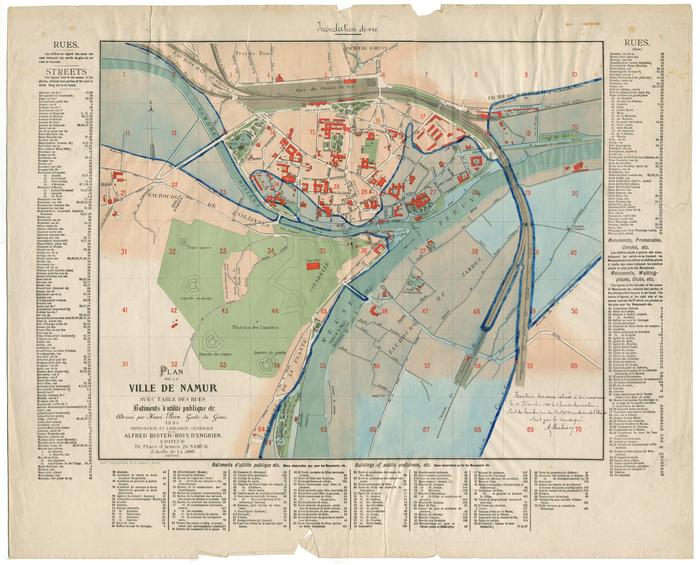 Plan de la ville de Namur avec table des rues, Batiments d'utilité publique, etc Dressé par Henri Piron avec Inondations de 1880 par A. Mahieu